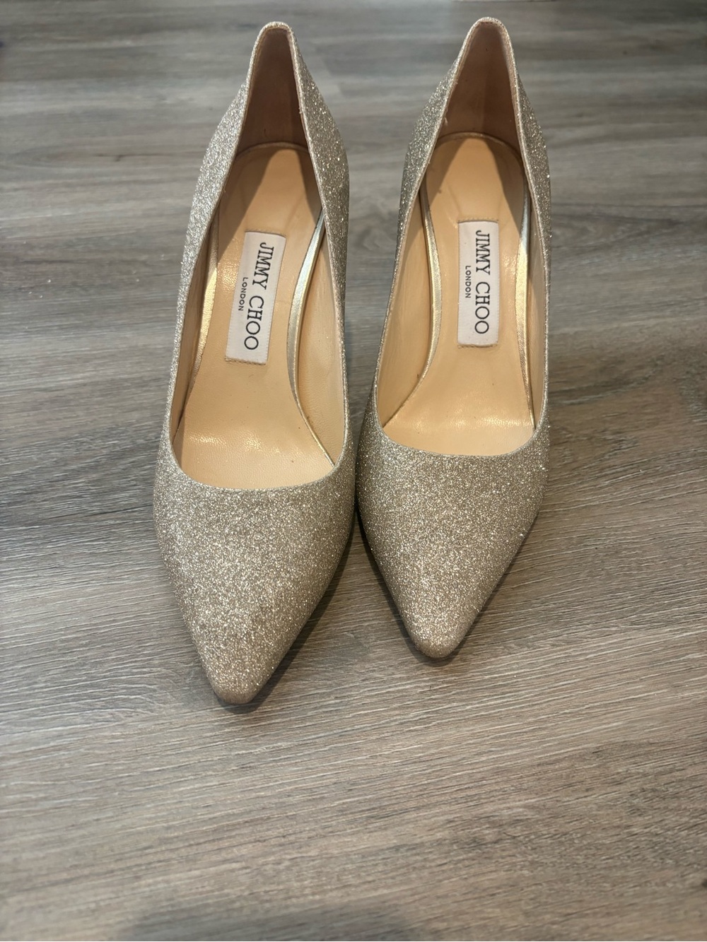 Jimmy Choo Glitter Pointed-Toe Pumps — Gold